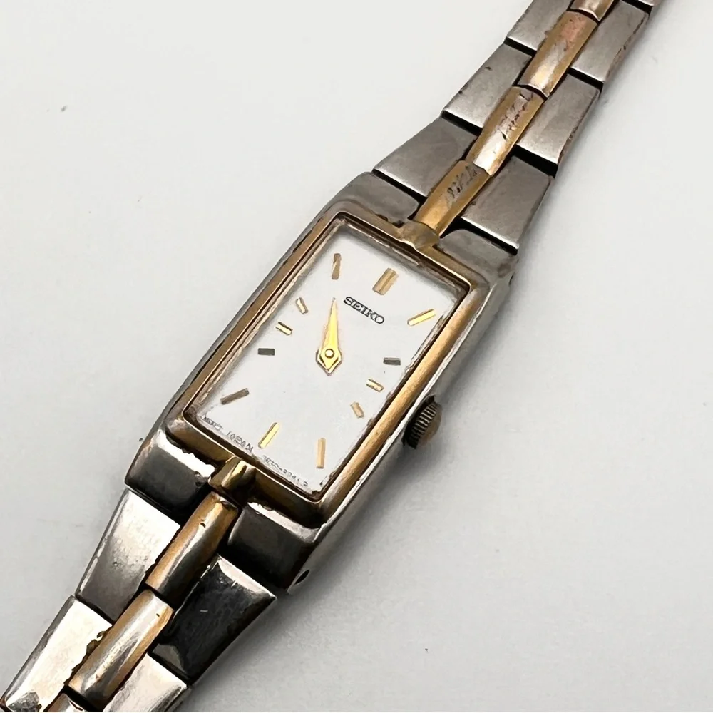 Vintage Seiko Two-Tone Skinny Rectangular Womens Watch New Battery - Picture 7 of 12